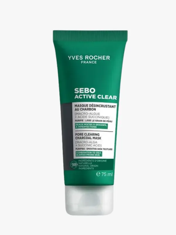 Yves Rocher markasına ait, yeşil ve gri renk geçişli tüp ambalajında sunulan, Sebo Active Clear serisinden Pore Clearing Charcoal Mask olarak bilinen, cildi arındırıcı ve gözenek sıkılaştırıcı özelliklere sahip, makro-alg ve süksinik asit ile zenginleştirilmiş 75 ml'lik kömür maskesi.