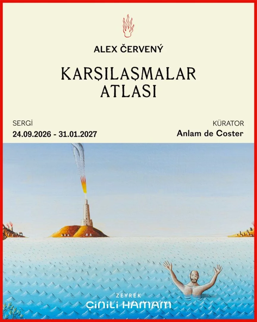 Alex Červený'nin Zeyrek Çinili Hamam'da düzenlenecek Karşılaşmalar Atlası sergisinin tanıtım posteri, ön planda suya batmış, kollarını kaldırmış sakallı bir adamı, arka planda ise bir adadaki deniz fenerinden yukarıya doğru yükselen alevli bir dumanı betimliyor.