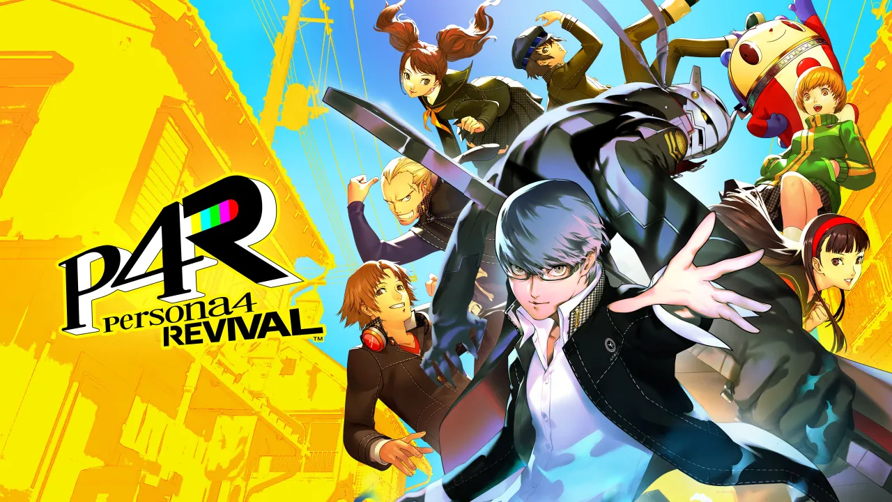 Persona 4 Revival oyununun dinamik sanat çalışmasında, gözlüklü ana karakter önde elini uzatırken, aralarında sarışın, esmer ve robotik figürlerin de olduğu çok sayıda anime karakteri sarı ve mavi tonlardaki parlak bir arka plan önünde coşkuyla poz veriyor.
