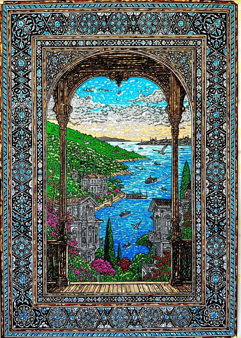 Sanatçı Sefa Çakır'ın Vision Art Platform'un çağdaş sanat anlayışını yansıtan ve İstanbul-Adalar'ı minyatür resim kompozisyonuyla yorumladığı, 70x100 cm boyutlarında kağıt üzerine marker kalemle yapılmış, canlı renklerde soyut kent peyzajı çalışması.