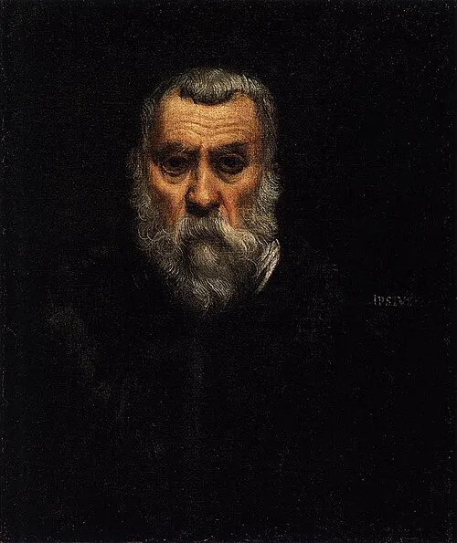 Jacopo Tintoretto'nun yaşlılık dönemine ait çarpıcı bir otoportresi, karanlık fon önünde, beyaz sakalları ve gri saçları olan, derin bakışlı, yüzü dramatik ışıkla aydınlatılmış bir adamı resmederek sanatçının iç dünyasına dair yoğun bir ifade sunuyor.