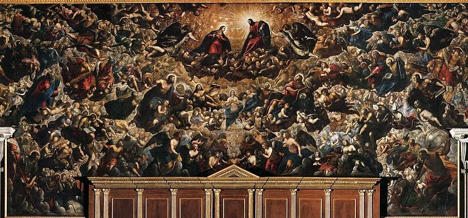 Jacopo Tintoretto'nun Venedik'teki Doge Sarayı'nda bulunan Cennet tablosu, göksel bir alemde bulutlar üzerinde yüzen, merkezde ilahi bir ışıkla çevrili İsa ve Meryem'in yer aldığı sayısız melek ve kutsal figürle dolu, büyüleyici ve görkemli bir Rönesans şaheseridir.