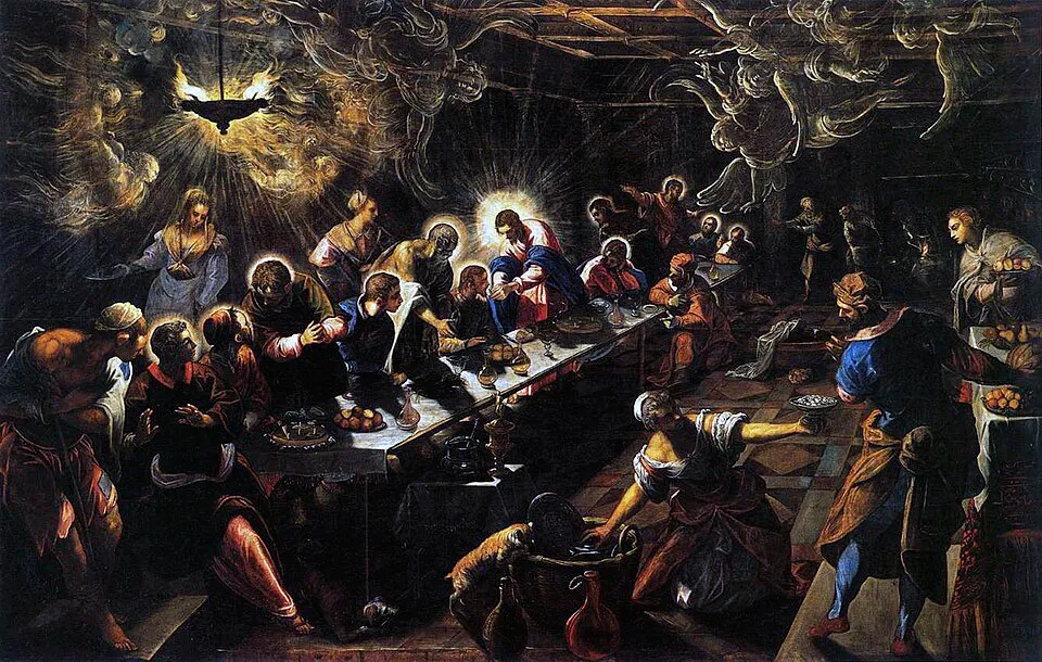 Jacopo Tintoretto'nun ünlü Son Akşam Yemeği tablosunda, karanlık bir salonun merkezinde uzun bir masada havarileriyle birlikte oturan ve etrafından ilahi bir ışık saçan İsa, yukarıda beliren melek figürleri ve aşağıdaki telaşlı hizmetlilerle çevrili olarak dramatik bir anı tasvir ediyor.