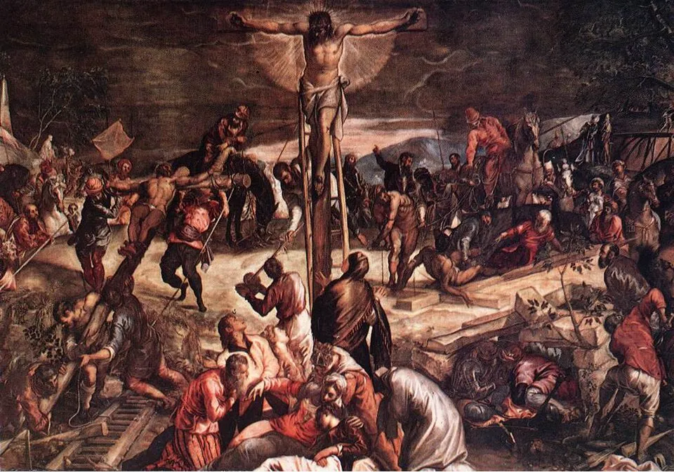 Jacopo Tintoretto'nun Çarmıha Geriliş tablosunda, ilahi bir ışıkla aydınlatılmış İsa çarmıhta yükselirken, kalabalık bir asker, yardımcı ve yas tutan insan topluluğu karmaşık ve dramatik bir sahne oluşturuyor, zeminde diğer iki figürün çarmıha geriliş hazırlıkları veya infazları devam ediyor.