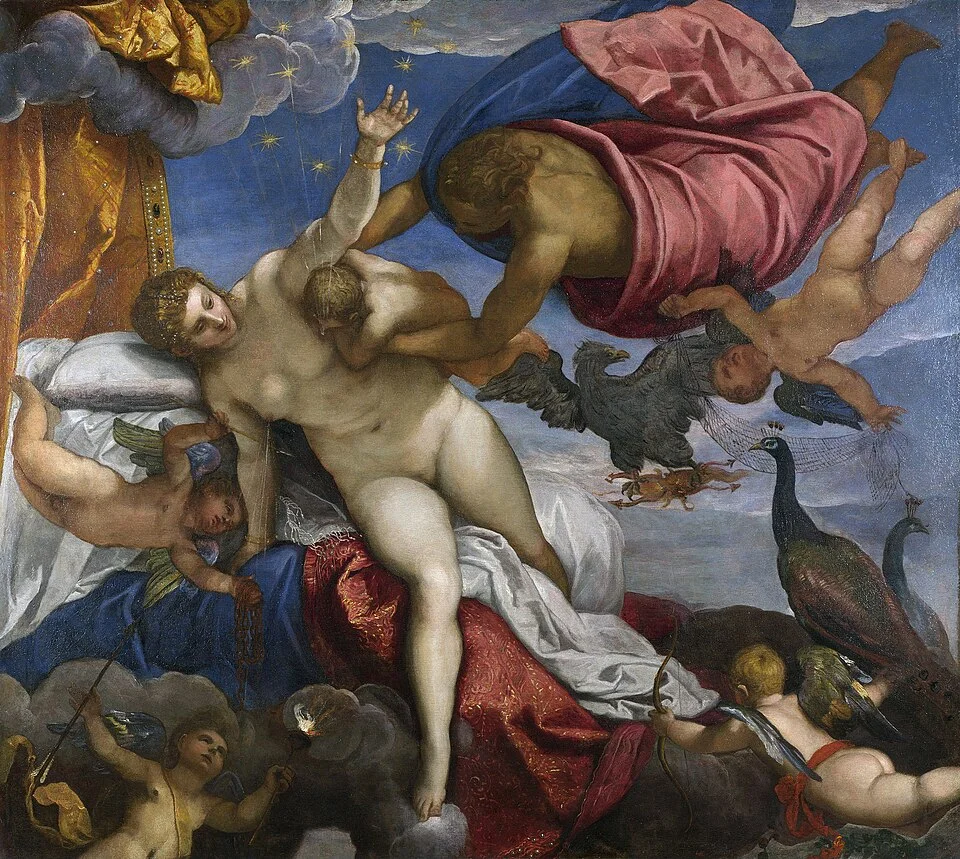 Jacopo Tintoretto'nun Samanyolu'nun Kökeni resminde, gökyüzünde yatan çıplak bir tanrıça, bir tanrı tarafından kucağına verilen bebeği emzirirken göğsünden fışkıran sütün yıldızlı göğe yayılarak Samanyolu'nu oluşturduğu mitolojik an, etrafta melekler, tavus kuşları ve bir kartalla tasvir ediliyor.