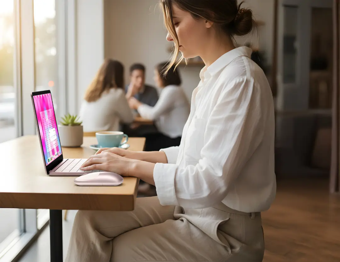 Beyaz gömlekli genç bir kadın, güneş ışığı alan bir kafede ahşap masada, pembe bir laptop ve fare ile odaklanmış bir şekilde çalışırken görülüyor; ekranında renkli bir arayüz açık ve yanında bir bitki ile fincan duruyor, bu sahne modern teknolojinin verimli ve pozitif kullanımını örnekliyor.