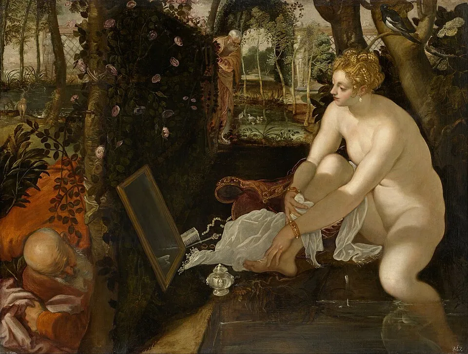 Tintoretto'nun Susanna ve Yaşlılar tablosunda, altın örgülü saçları, inci küpeleri ve altın bilezikleriyle bir havuzun kenarında sakin suya ayağını batırmış, yakınında duran ayna, tarak ve takılarla çevrili Susanna, onu gür yeşillikler ve güllerin arasından gizlice izleyen iki yaşlı adamın bulunduğu özel bir bahçede resmedilmiştir.