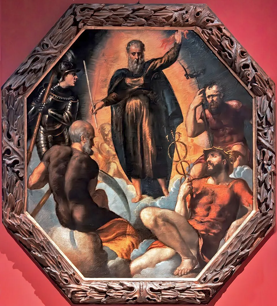 Tintoretto'nun dini ve alegorik eserlerinden biri olan bu sekizgen yağlıboya tabloda, ortada nur içinde duran sakallı, uzun giysili ilahi bir figür, solunda zırhlı bir asker ve sırtı dönük tırpanlı Zaman Baba figürü ile sağında başını tutan bir adam ve dikenli taç takmış, caduceus benzeri asalı uzanmış bir figür, bulutlar üzerinde dramatik bir kompozisyonla resmedilmiştir.