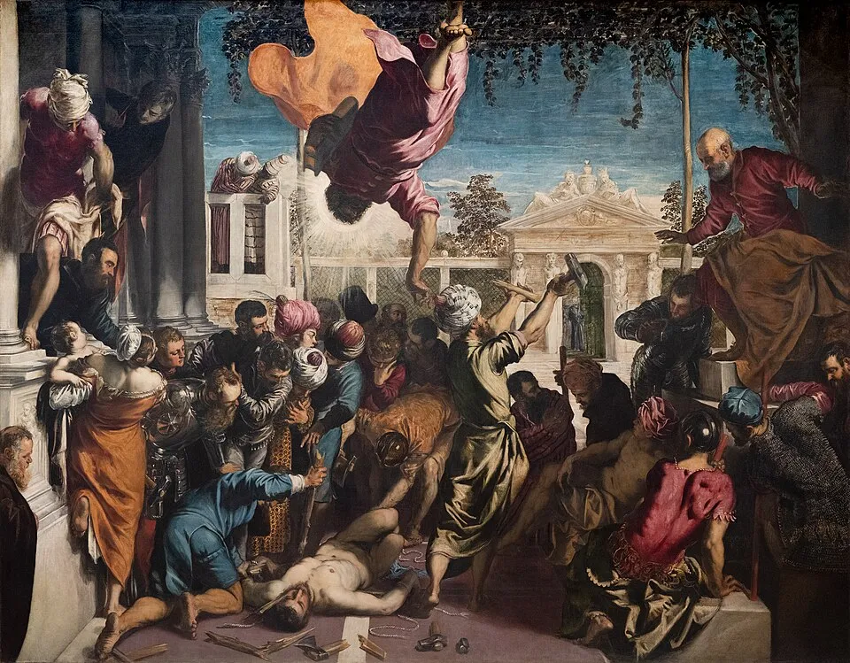 Tintoretto'nun Kölenin Mucizesi adlı tablosunda, işkence aletlerinin arasında yerde yatan yarı çıplak köle figürünün etrafında toplanmış, şaşkınlık içindeki kalabalık ve yukarıdan mucizevi bir şekilde inen Aziz Mark betimleniyor.
