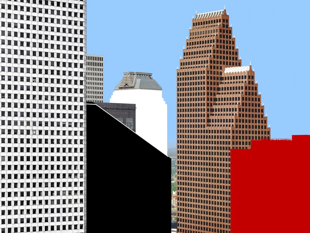 Houston'daki modern gökdelenlerin belirgin hatlarını ve mimari formlarını vurgulayan, beyaz pencereli bir yapı, kahverengi basamaklı bir kule ve kompozisyona zaman, mekan ve geometri temalarını katan keskin siyah ile kırmızı geometrik şekillerin bir araya geldiği, gökyüzünün açık mavi olduğu dinamik bir kolaj.