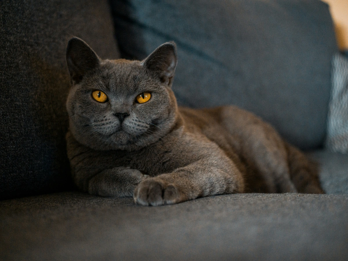 Bu etkileyici portrede, karakteristik yuvarlak yüzü, yoğun gri tüyleri ve parlak kehribar rengi gözleriyle öne çıkan bir British Shorthair kedisi, koyu gri bir koltukta ön patileri çapraz duracak şekilde sakin ve gururlu bir ifadeyle objektife bakıyor.
