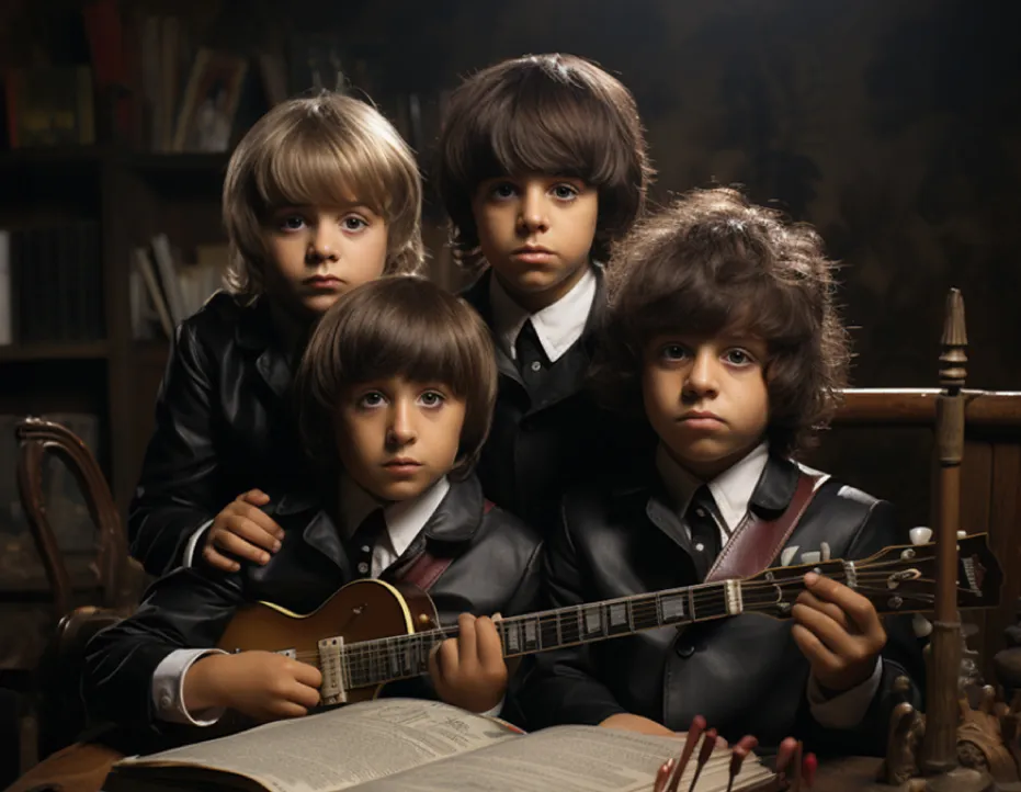 The Beatles tarzı saç kesimlerine ve klasik siyah takım elbiselere sahip dört çocuk, eski bir kütüphane atmosferinde bir müzik kitabının önünde ciddi bir ifadeyle poz veriyor; ön plandaki çocuk küçük bir elektro gitar tutarken, çocuklar için caz ve Beatles temasını vurguluyor.