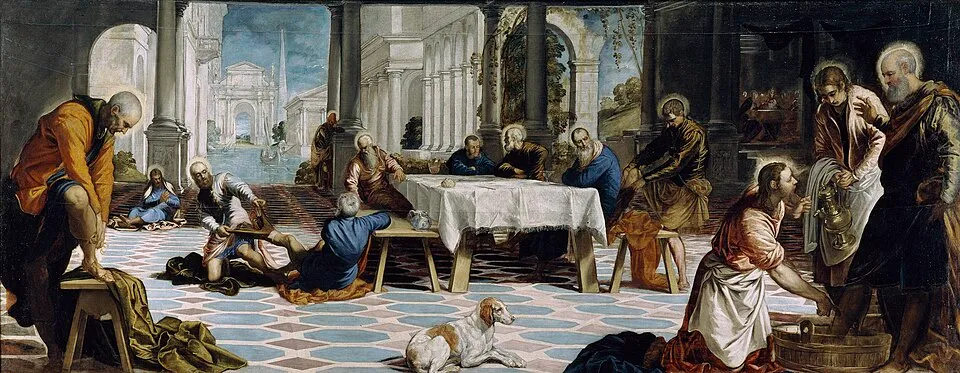 Tintoretto'nun meşhur El Lavatorio (Ayak Yıkama) tablosunda, geniş kemerli sütunlarla çevrili görkemli bir salonda, İsa'nın havarilerinden birinin ayaklarını yıkarken, diğer havarilerin ise masanın etrafında toplanmış veya ayakkabılarını çıkararak bu anlamlı ana tanıklık ettiği karmaşık ve dramatik bir dini sahne işleniyor.