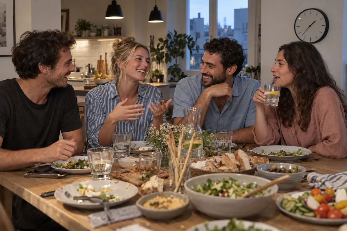 Bu görsel, modern bir evde kalabalık bir yemek masasında oturan dört arkadaşın keyifli sohbetler eşliğinde slow living felsefesini benimseyerek acele etmeden, anın ve iyi yaşamın tadını çıkardığı samimi bir buluşmayı sergiliyor.