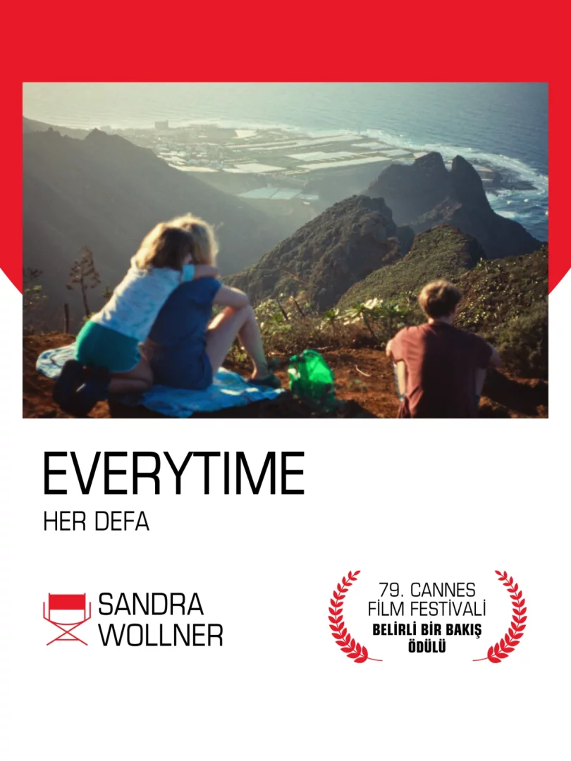 Sandra Wollner'ın Her Defa filminin afişinde, iki kişinin birbirine sarılarak bir dağ yamacında oturup aşağıda uzanan geniş deniz, kıyı şeridi ve yerleşim alanlarını seyrettiği, sağda ise yalnız oturan üçüncü bir figürün onlara eşlik ettiği bir an görüntüleniyor; bu sahne, 79. Cannes Film Festivali Belirli Bir Bakış Ödülü'nü kazanan filmin düşündürücü atmosferini güçlü bir şekilde yansıtıyor.