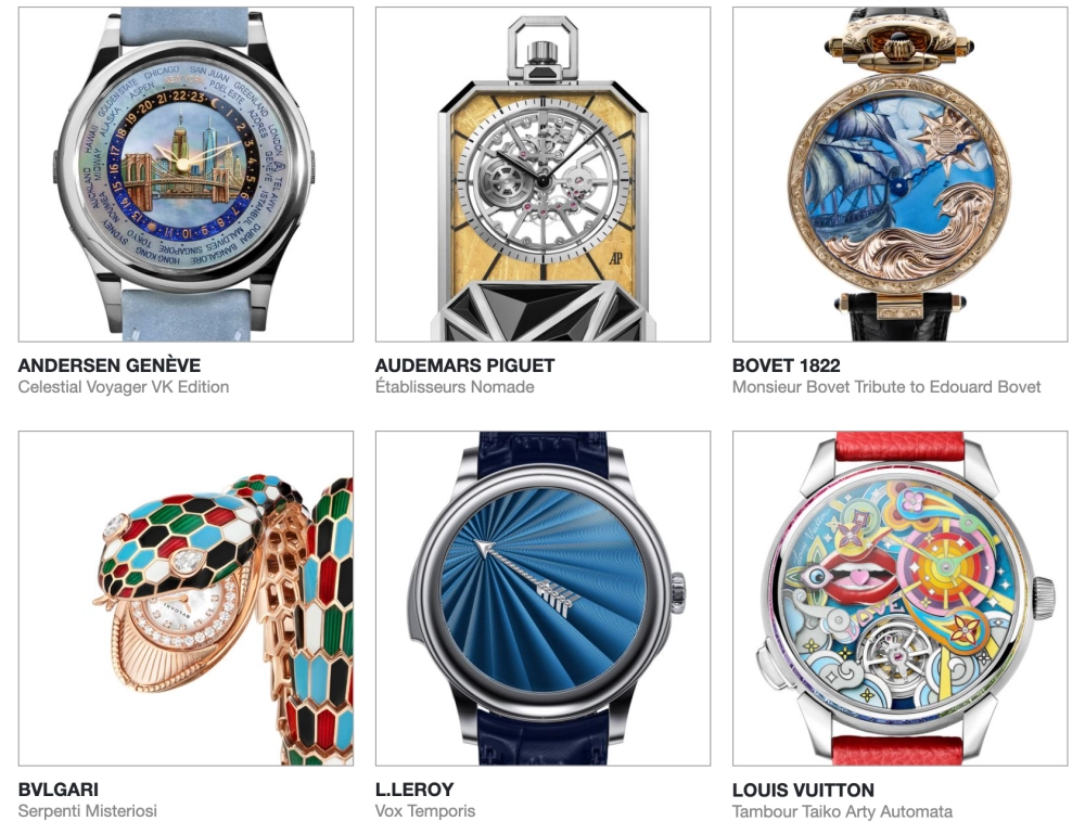 Altı lüks saat, Andersen Genève, Audemars Piguet, Bovet 1822, Bvlgari, L.Leroy ve Louis Vuitton gibi markaların özenle tasarlanmış modelleriyle GPHG Sanatsal El Sanatları kategorisi finalistleri olarak sergileniyor; her biri karmaşık ve çeşitli sanatsal zanaatkarlıklarını gözler önüne seriyor.