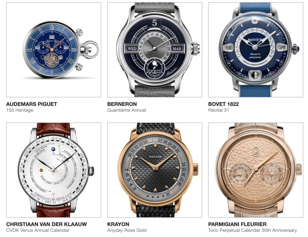 GPHG 2026 takvim ve astronomi kategorisi finalistleri arasında yer alan, Audemars Piguet'nin mavi kadranlı özgün tasarımı ve Berneron, Bovet 1822, Christiaan van der Klaauw, Krayon, Parmigiani Fleurier markalarına ait çeşitli kadran renkleri ve karmaşık mekanizmaları olan altı adet lüks saat, bir ızgara düzeninde sergileniyor.