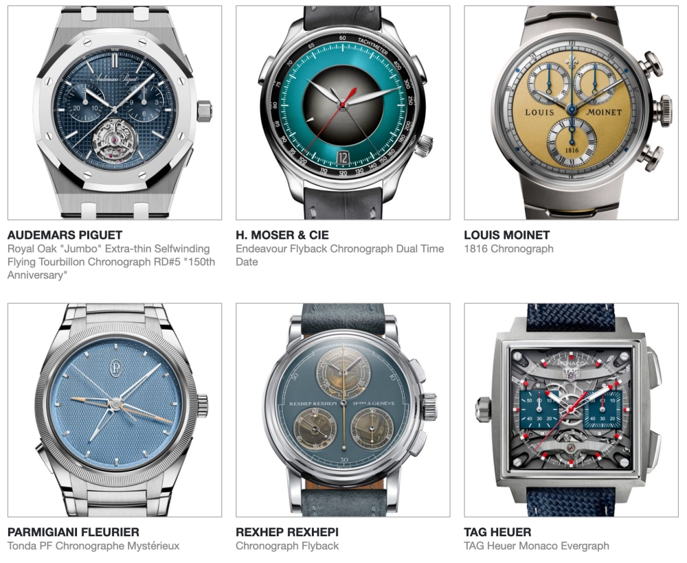 Audemars Piguet, H. Moser & Cie., Louis Moinet, Parmigiani Fleurier, Rexhep Rexhepi ve TAG Heuer markalarına ait, her biri özgün tasarımlara ve kadran renklerine sahip altı lüks kronograf finalist saat, GPHG 2026 ödülleri için sergileniyor.