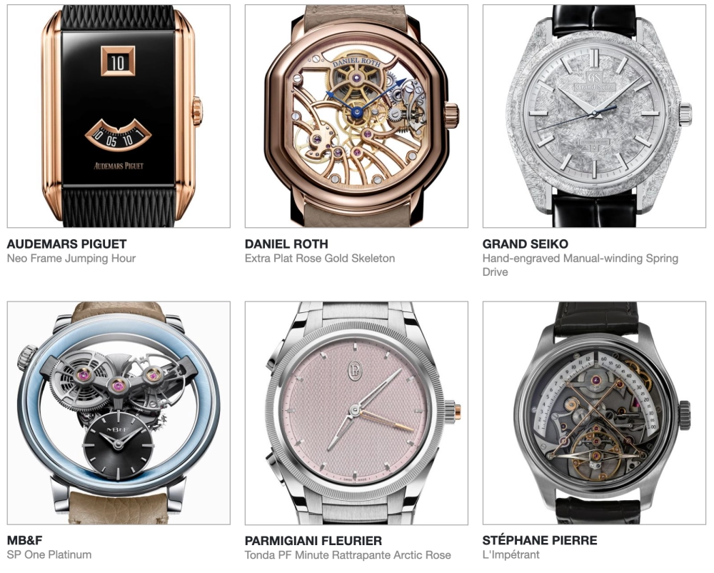 GPHG 2026 Essential Watch finalistleri arasından seçilmiş, Audemars Piguet, Daniel Roth ve Grand Seiko gibi markaların farklı tasarımlara sahip lüks kol saatlerini içeren, detaylı mekanizmalarını ve zarif kadranlarını sergileyen altılı bir görsel.
