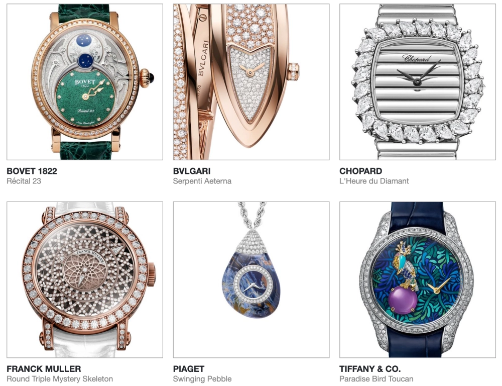 Bu görselde, Bovet'in yeşil kadranlı oval saati ve Tiffany & Co.'nun tropik kuş motifli modeli dahil olmak üzere, GPHG 2026'nın mücevherli saat finalistleri arasından seçilmiş beş lüks kol saati ve bir kolye saat, göz alıcı tasarımlarıyla yer alıyor.