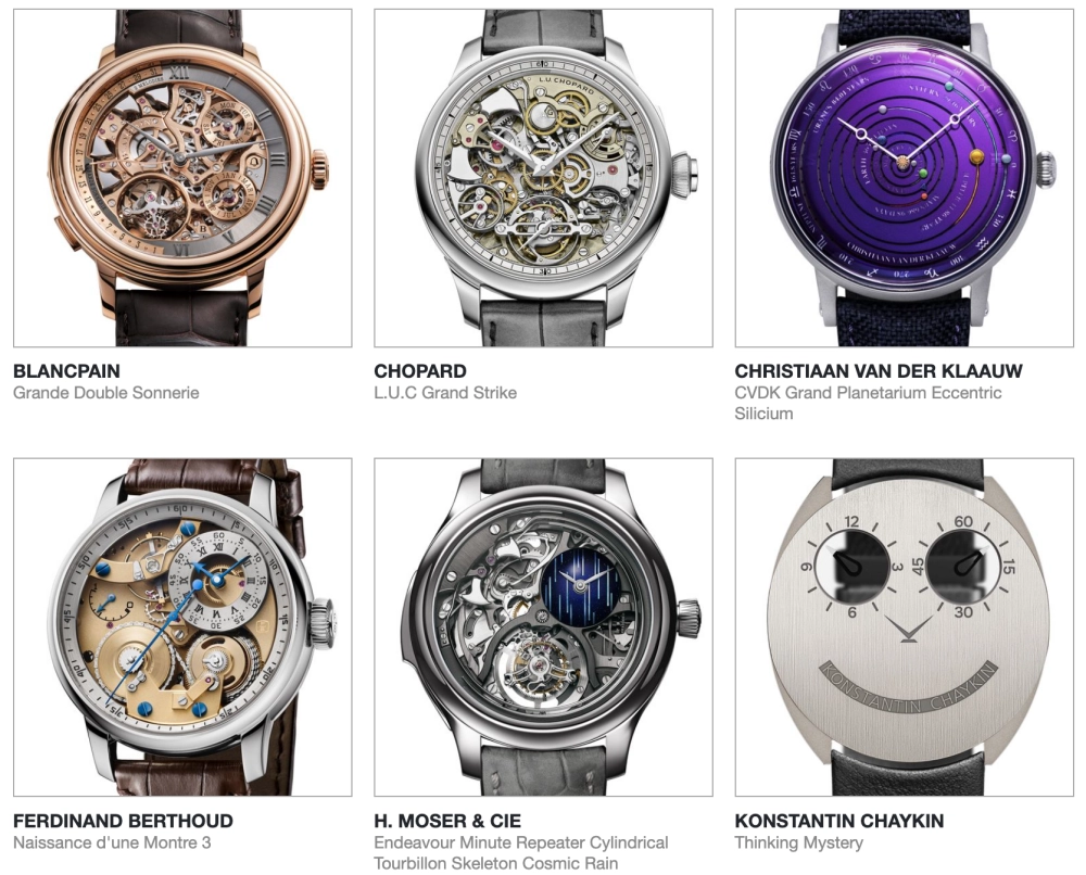 Bu resimde, her biri benzersiz bir tasarım ve karmaşık mekanik özelliklere sahip Blancpain, Chopard, Christiaan van der Klaauw gibi markalara ait, GPHG Mechanical Exception finalistleri arasında yer alan altı adet lüks kol saati tüm ihtişamıyla gözler önüne seriliyor.