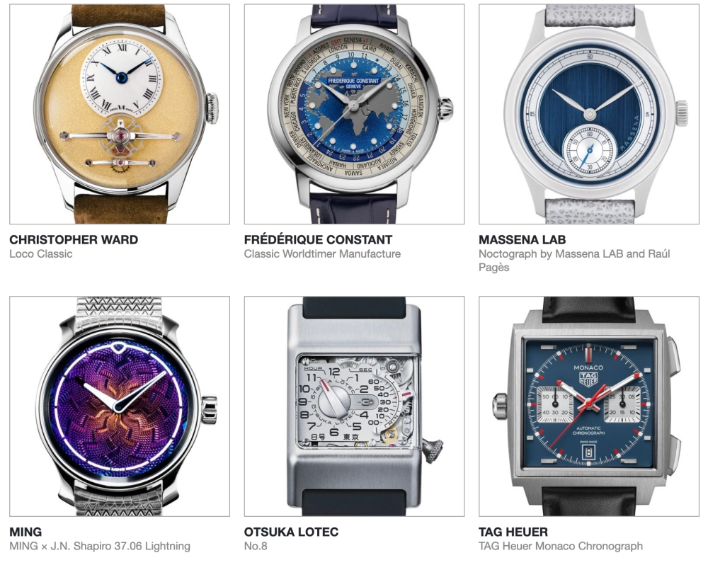 Christopher Ward, Frédérique Constant, Massena LAB, MING, OTSUKA LOTEC ve TAG Heuer markalarına ait, GPHG 2026 Petite Aiguille finalistleri olan altı farklı lüks saat, altın, mavi ve mor gibi çeşitli kadran renkleri ve benzersiz tasarımlarıyla net bir şekilde görüntüleniyor.