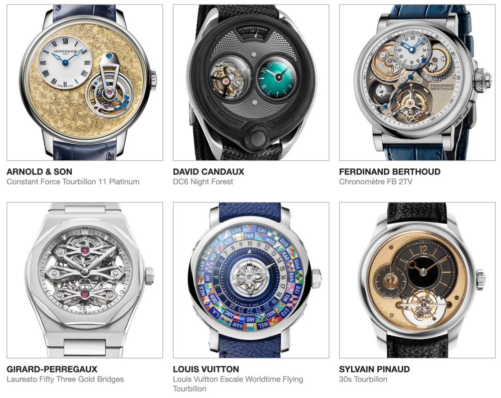 GPHG 2026 Tourbillon finalistleri arasında yer alan, her biri kendine has zarif ve karmaşık tasarımlara sahip, Arnold & Son'dan Louis Vuitton'a kadar farklı markaların altı adet lüks kol saati, kadranlarındaki açık mekanizmaları ve incelikli detaylarıyla sergileniyor.