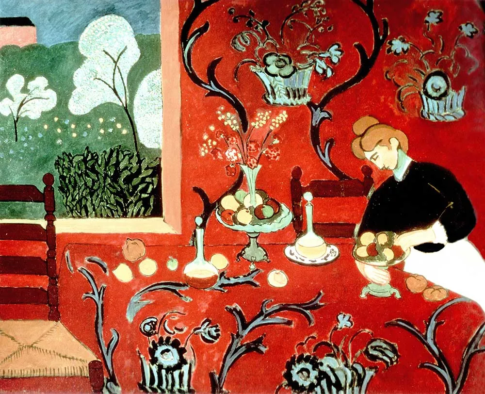Henri Matisse'in Kırmızı Stüdyo adlı eserinde, sanatçının atölyesinin kırmızı tonlarla dolu iç mekanında, masalar, sandalyeler ve kendi tabloları gibi nesnelerin belirginleştiği, derinlik ve renk dinamizmi sunan bir sahne betimleniyor.