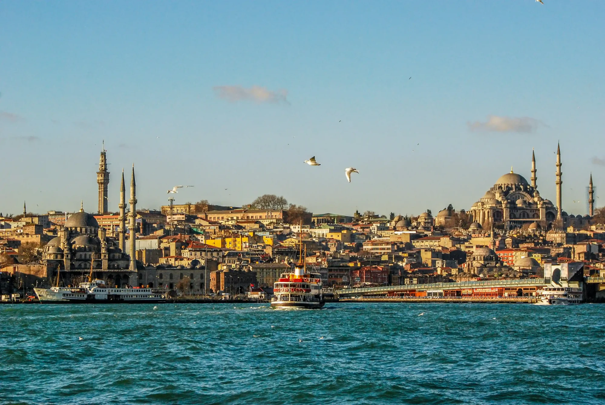 Ayşe Yağcı'nın şehre dönüş rotalarını ve ilham kaynaklarını simgeleyen bu İstanbul manzarasında, tarihi silüetiyle yükselen camilerin ve binaların önünden Boğaz'ın dalgalı sularında süzülen kırmızı-beyaz bir vapur, gökyüzünde uçuşan martılar eşliğinde gün ışığında parlıyor.