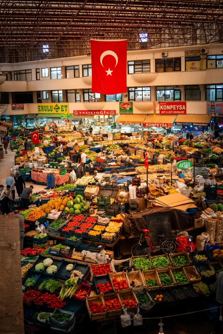 Tavanından dev bir Türk bayrağının asılı olduğu bu canlı Kadınlar Pazarı görüntüsünde, sayısız tezgah taze domatesler, karpuzlar, biberler ve diğer mevsimlik sebzelerle dolup taşarken, alışveriş yapan kalabalık arasında yoğun bir hareketlilik hakim.