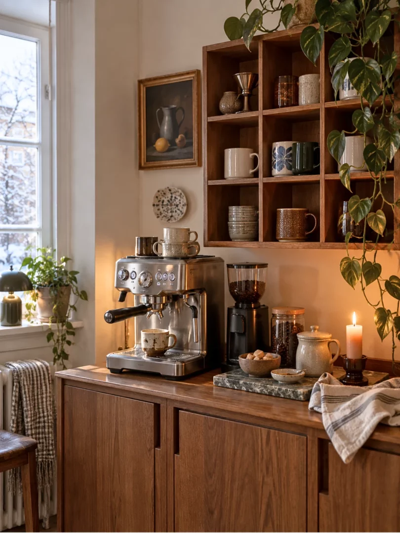 Pencereden görünen karla kaplı dış mekanın sıcak bir kış dekorasyonu atmosferi kattığı bu kahve köşesinde, ahşap dolap üzerinde yer alan paslanmaz çelik espresso makinesi, kahve öğütücü, şık kupalar, cam kavanozlardaki kahve çekirdekleri ve mermer tepsideki şekerliklerle birlikte, yanan mum ve yeşil bitkilerle donatılmış raflar davetkar bir ortam oluşturuyor.