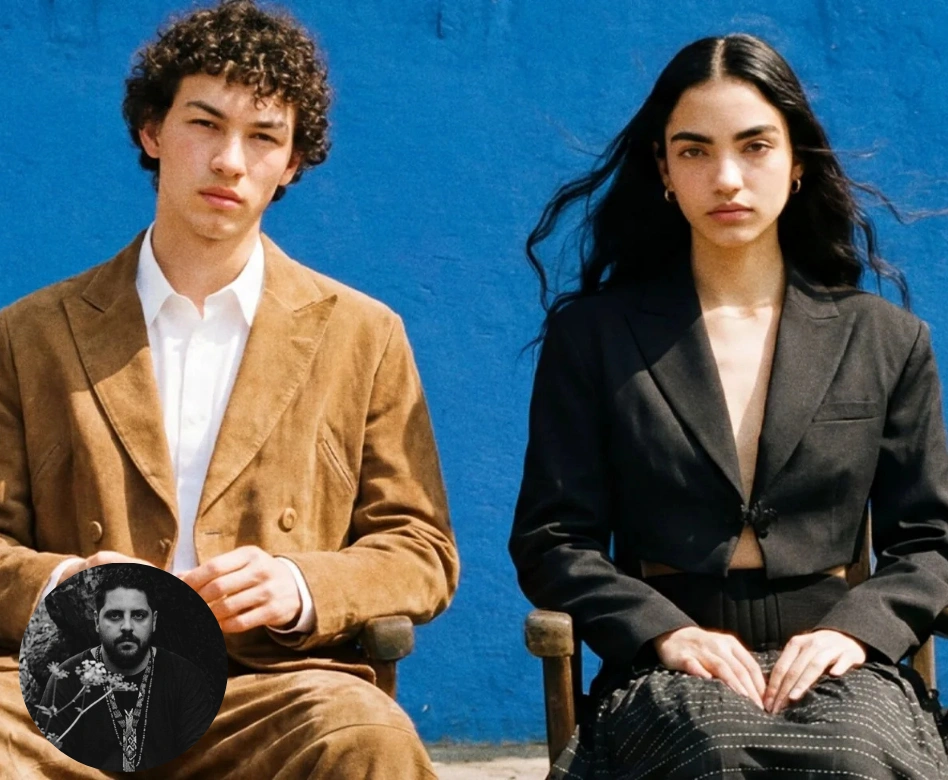 Canlı mavi bir arka plan önünde oturan, kahverengi süet ceketli kıvırcık saçlı bir erkek model ve siyah kısa blazer ile çizgili etekli uzun saçlı bir kadın modelin yer aldığı bu karede, sol altta Les Benjamins'in kurucusu Bünyamin Aydın'ın siyah beyaz portresi görülüyor.