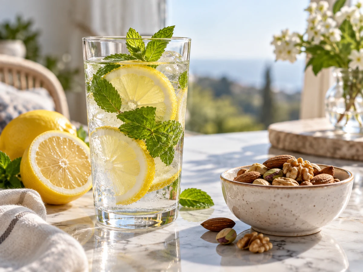 Güneşli bir ortamda, serinletici limon ve naneli buzlu su dolu bir bardak ile sağlıklı lif tüketimini destekleyen badem, ceviz ve antep fıstığı içeren bir kase, lif alımını desteklerken yeterli su içmenin önemini vurgulayan dengeleyici bir beslenme önerisi sunuyor.