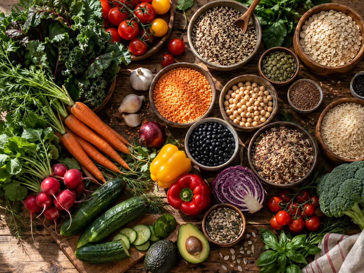 Ahşap bir masa üzerinde taze havuçlar, turplar, salatalıklar, renkli biberler, brokoli, avokado, yulaf, mercimek, kinoa ve çeşitli baklagillerin bir arada bulunduğu, lifli besinler açısından zengin ve yüksek lif kaynakları sunan sağlıklı bir gıda kompozisyonu.