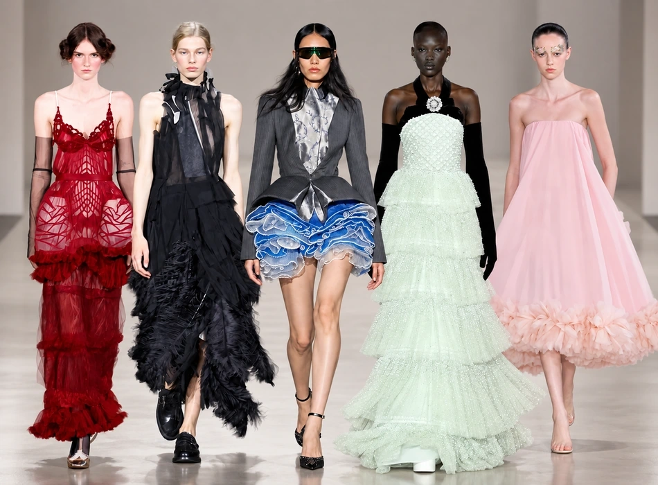 Londra Moda Haftası'nın heyecan verici atmosferinden kareler sunan bu beşli kolaj; podyum ve sokak stilinden farklı kıyafetleri, çeşitli aksesuarları ve genel moda trendlerini sergileyen dinamik ve ilham verici görünümleri bir araya getiriyor.