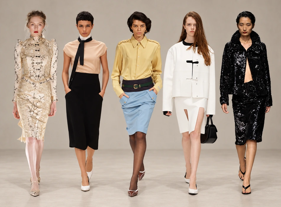 Londra Moda Haftası'nın sade ve dikkat çekici bir podyumunda, farklı stillerdeki tasarımları sergileyen beş model, izleyicilere gelecek sezonun trendlerini ipuçlarıyla sunarak moda dünyasında yeni bir soluk getiriyor.