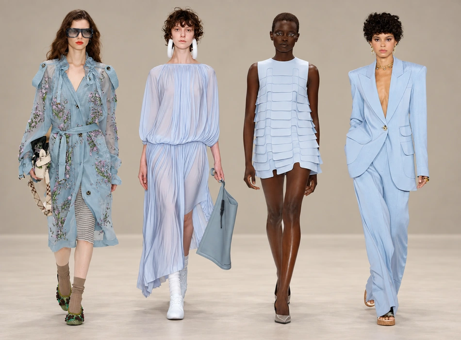 Londra Moda Haftası podyumunda, mimari detaylara sahip dramatik bir arka plan önünde, akıcı ve katmanlı kumaşlardan oluşan modern mavi bir kıyafet giyen zarif bir modelin güçlü ve kendinden emin yürüyüşü sergileniyor.