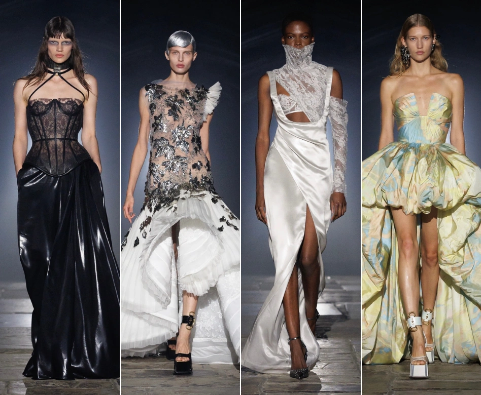 Londra Moda Haftası podyumunda, Alexander McQueen'in imzası haline gelmiş dramatik ve heykelsi bir haute couture tasarımını sergileyen manken, işlemeli detaylara ve keskin hatlara sahip büyüleyici bir elbiseyle izleyicileri kendine hayran bırakıyor.