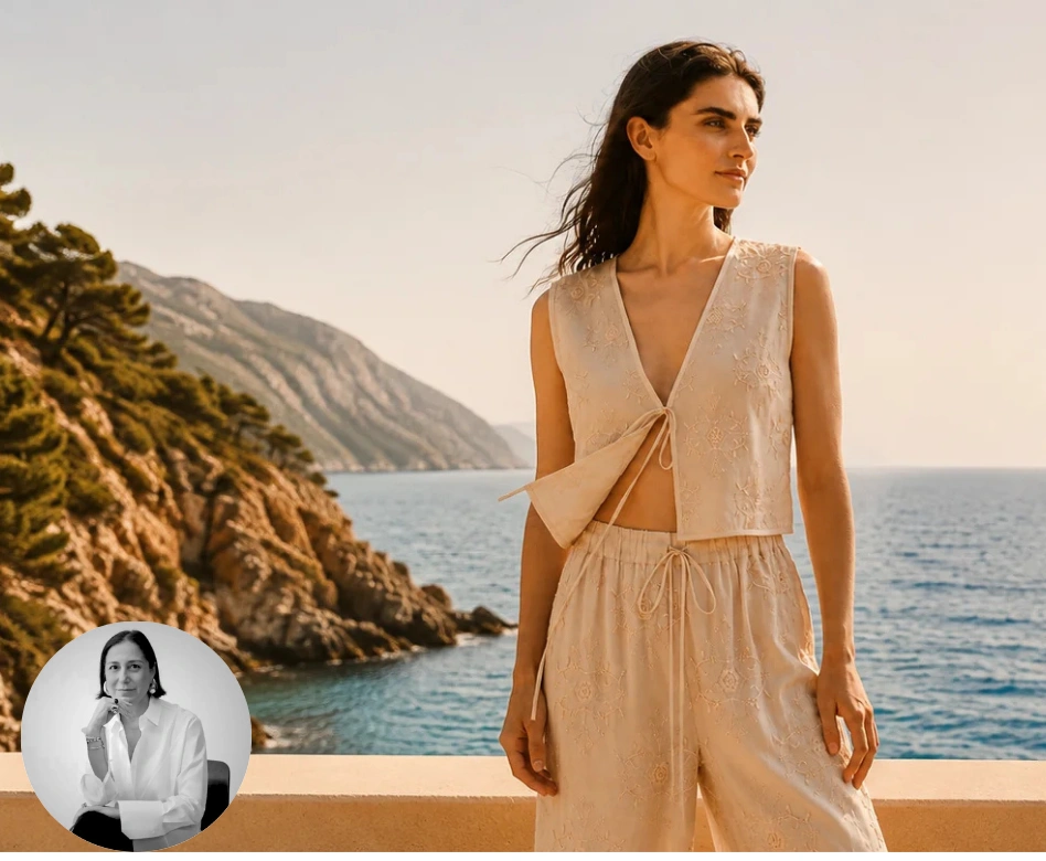 Mavi denize ve yeşil tepelere bakan bir balkonda, Mehtap Elaidi imzalı bej rengi, işlemeli, önü bağcıklı yelek tarzı crop top ve salaş pantolondan oluşan yazlık bir takımı giyen model, rüzgarda savrulan saçlarıyla zarifçe ufka doğru bakıyor.