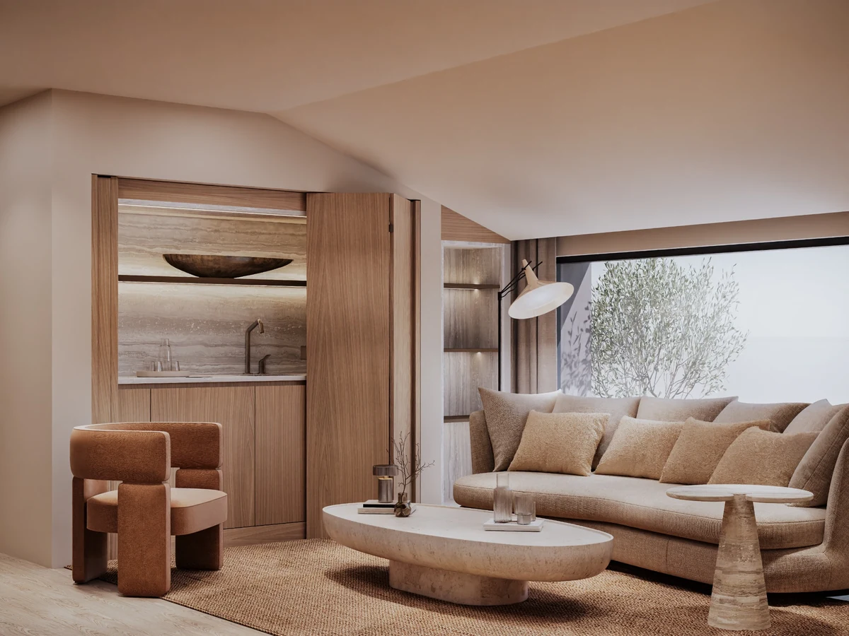 Mesa Casa Well salon ve yemek alanında doğal taş ve ahşap detaylar.