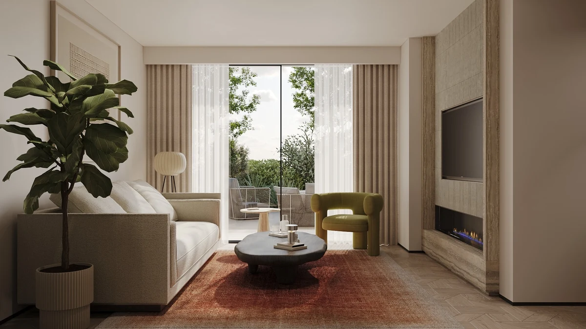 Mesa Casa Well salonunda geniş cam yüzeyler ve doğal tonlar.
