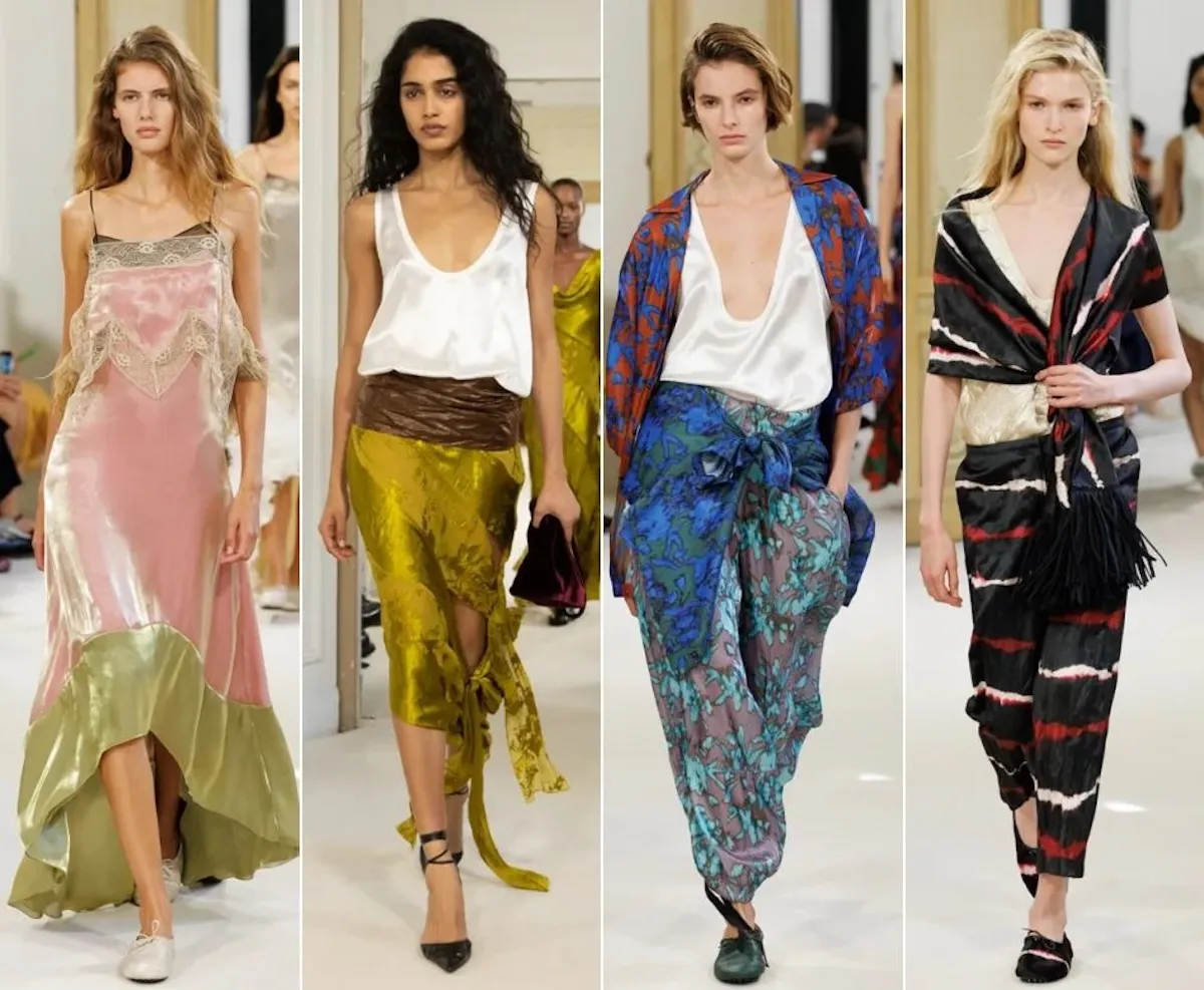 Milano Moda Haftası'nın büyüleyici atmosferinde, Alberta Ferretti'nin İlkbahar-Yaz 2027 koleksiyonundan podyumda sergilenen, zarif işlemeli, uçuş uçuş ipekli kumaştan yapılmış, açık bej tonlarında uzun bir elbiseyle kararlı adımlarla yürüyen model.