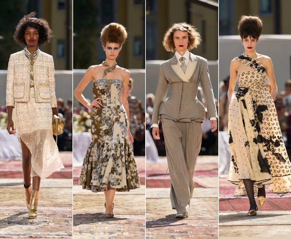 Milano Moda Haftası podyumunda, Antonio Marras'ın imza koleksiyonundan, karmaşık detaylara sahip, el işi zarif işlemelerle süslenmiş, bej ve toprak tonlarında katmanlı, uçuşan uzun bir elbise giyen, güçlü duruşlu bir model.