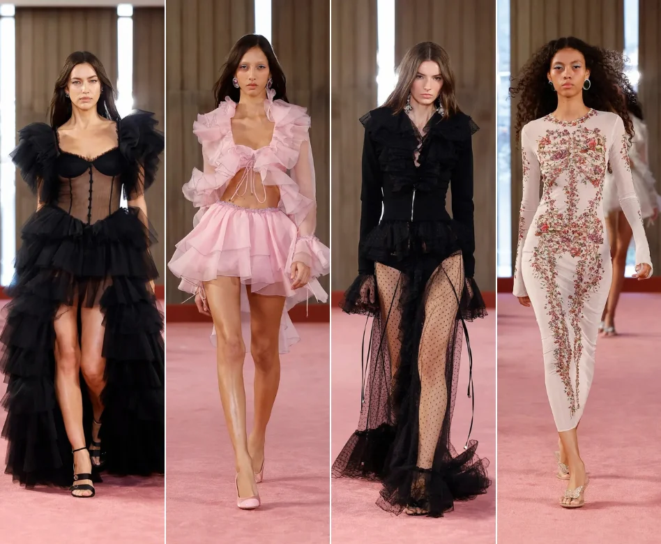 Milano Moda Haftası'nda Blumarine defilesinin podyumunda yürüyen bir model, markanın modern ve zarif estetiğini yansıtan, dikkat çekici detaylara sahip bir tasarım sergiliyor; bu parça, Blumarine koleksiyonunun öne çıkan unsurlarından biri olarak izleyicilerin beğenisine sunuluyor.