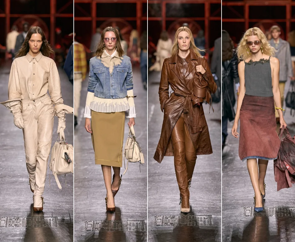 Milano Moda Haftası'nın dinamik atmosferini yansıtan bir görselde, yıpranmış denim ceket ve bol kesim pantolon giymiş genç bir erkek model, Diesel'in markasına özgü devasa, hurda kumaşlardan yapılmış logo enstalasyonunun önünde podyumda kararlı adımlarla yürüyor.