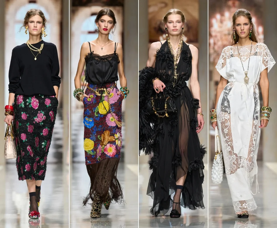 Milano Moda Haftası'nda Dolce & Gabbana defilesinde podyumda yürüyen, vücudu saran, transparan siyah dantel detaylı uzun kollu ve yüksek yakalı bir elbise giyen model, markanın zarafetini ve güçlü duruşunu yansıtıyor.