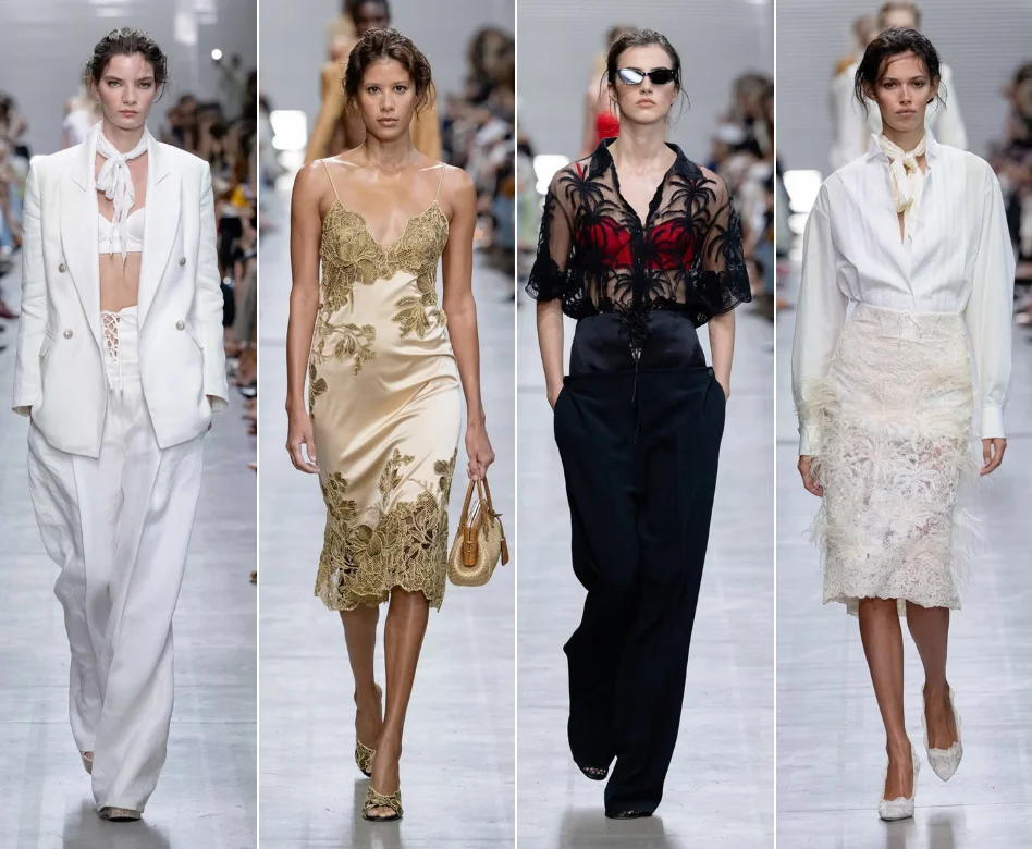 Milano Moda Haftası'nda Ermanno Scervino defilesinden bir an: podyumda zarifçe yürüyen bir model, transparan detaylara sahip siyah, uzun ve işlemeli bir gece elbisesiyle markanın sofistike tarzını gözler önüne seriyor.