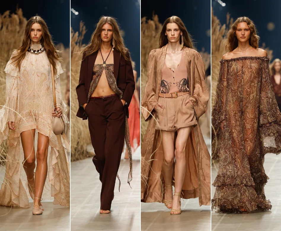 Milano Moda Haftası kapsamında Etro defilesinde podyumda yürüyen, markanın özgün desenlerini ve akıcı kumaşlarını yansıtan lüks bir tasarım giymiş model, sezonun öne çıkan parçalarından birini sergiliyor.