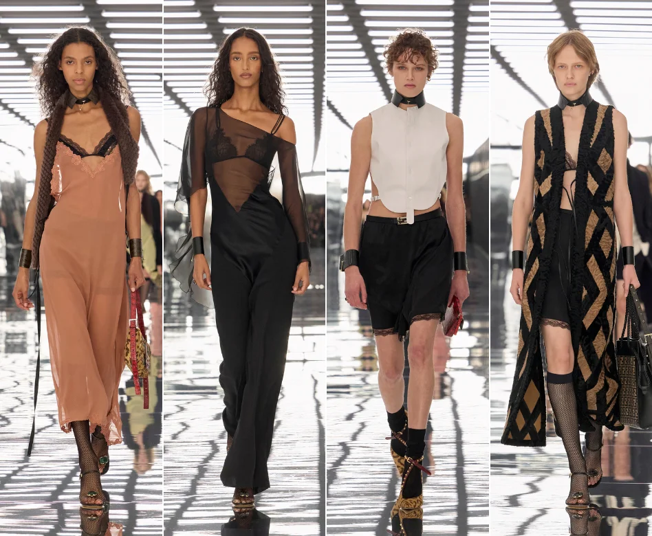 Milano Moda Haftası kapsamında Fendi defilesinde podyumda yürüyen, markanın çağdaş estetiğini yansıtan, dokulu bir palto, uzun çizmeler ve sofistike bir çanta ile tamamlanmış göz alıcı bir kombin sergileyen model.