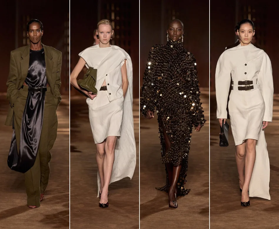 Milano Moda Haftası kapsamında gerçekleştirilen Ferragamo defilesinde podyumda kararlı adımlarla yürüyen bir model, markanın son koleksiyonundan zarif ve modern çizgiler taşıyan uzun bir elbiseyi etkileyici bir şekilde sunuyor.